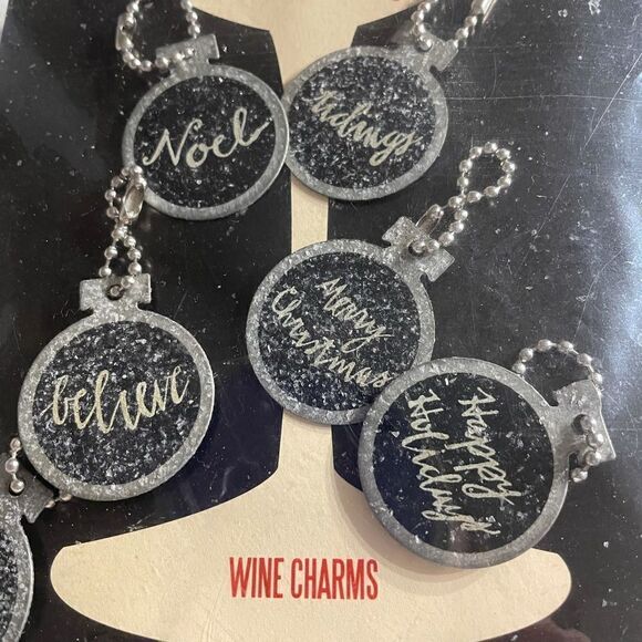 Wine Charms Set of 6 Xmas Bar Accessories Black Silver Primitives by Kathy NWT - Picture 13 of 14